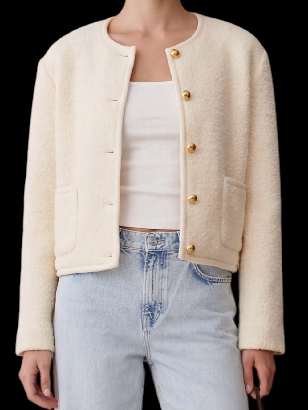 Caara Few Moda Joe Relaxed-fit Cropped Jacket Cream Button-Front Bouclé NWT